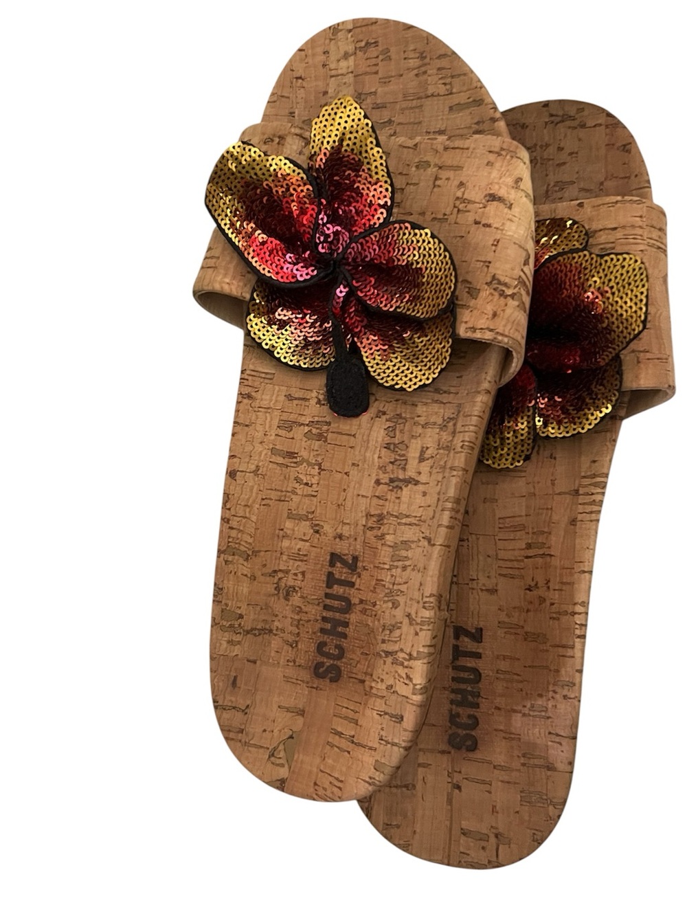 Schutz Cork Slide Sandals Women’s USA 10B Sequin Flower Embellishment Brazil